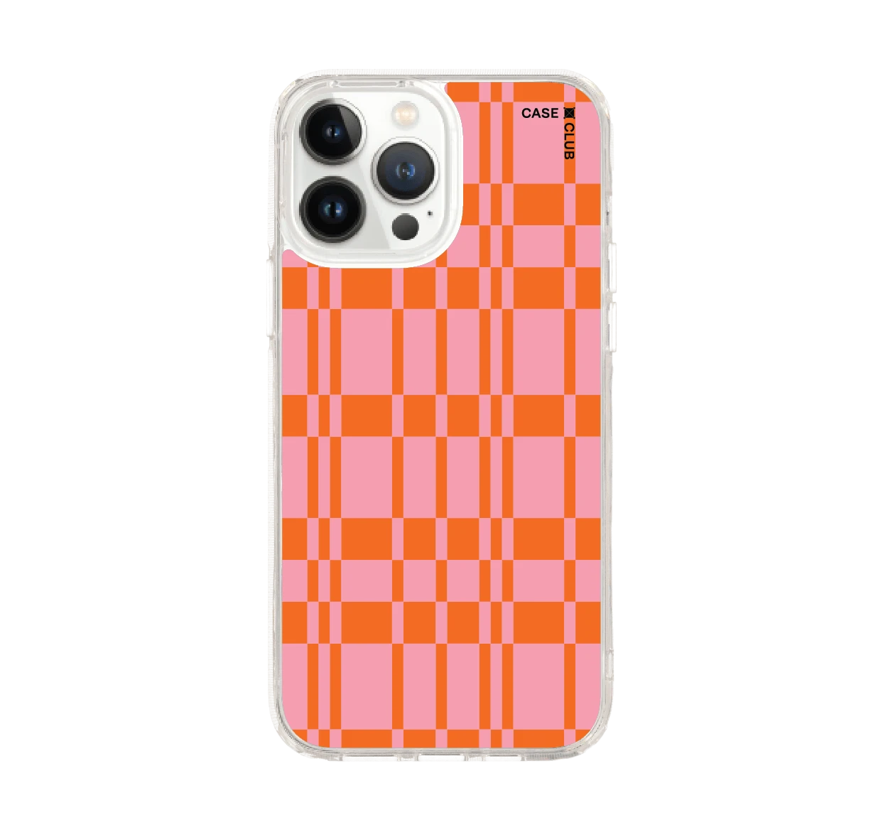 iphone 12/ 13 pro max clear case asymmetric pink & orange grid